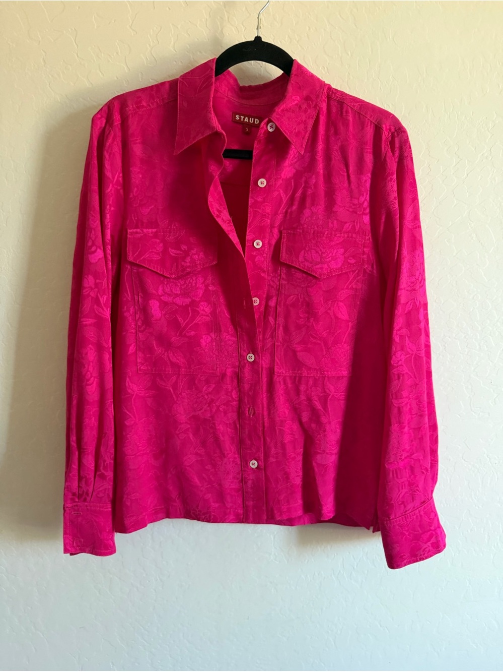 STAUD Fuchsia Floral Peony Jacquard Button Down Shirt | Size Small